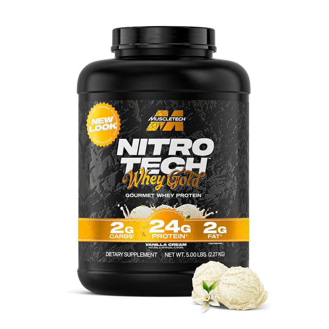 MuscleTech Nitro-Tech Whey Gold Vanilla Cream protein powder tub (5 lb) with 24g protein, 2g carbs, and 2g fat per serving for muscle growth and recovery.