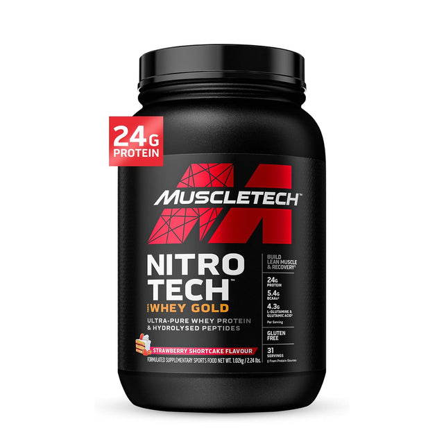 MuscleTech Nitro-Tech 100% Whey Gold Protein Powder, Strawberry Shortcake Flavour, 1.02kg (2.24 lbs) Tub - 24g Protein and 5.4g BCAAs.