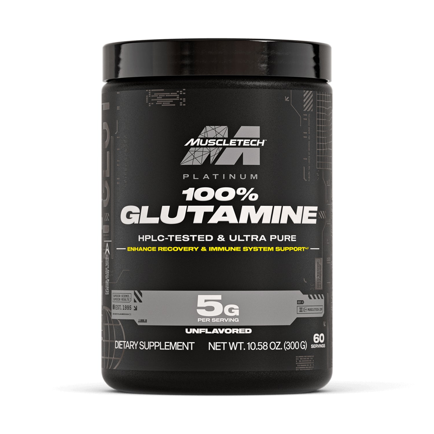 MuscleTech Platinum 100% Glutamine unflavored powder (300g) tub with 5g glutamine per serving for recovery and immune support.
