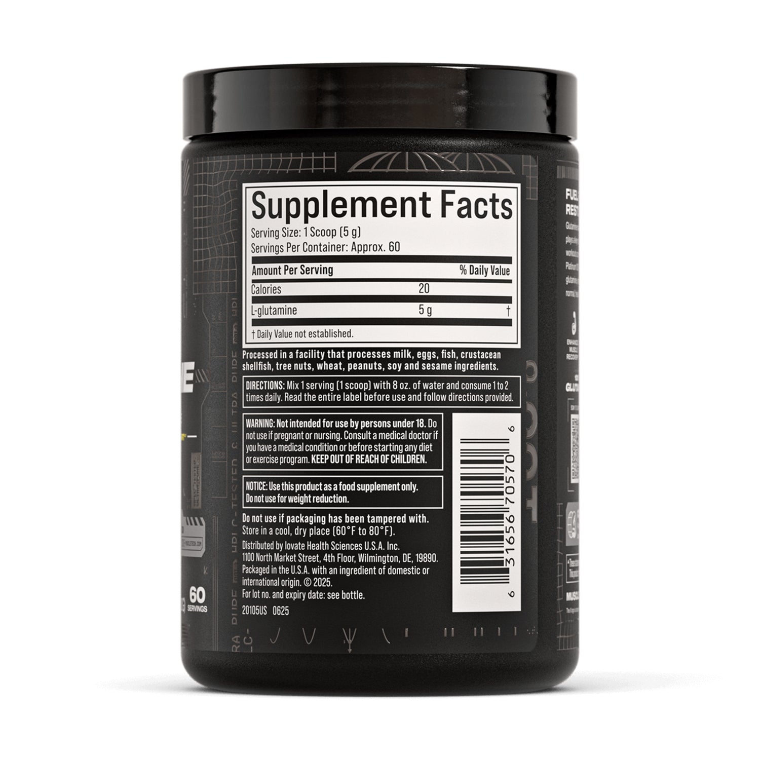 MuscleTech Platinum 100% Glutamine unflavored powder (300g) tub showing Supplement Facts panel with 5 grams of L-Glutamine and 20 calories per serving for muscle recovery.