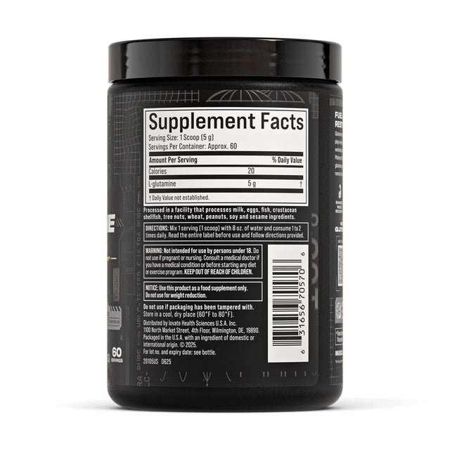 MuscleTech Platinum 100% Glutamine unflavored powder (300g) tub showing Supplement Facts panel with 5 grams of L-Glutamine and 20 calories per serving for muscle recovery.