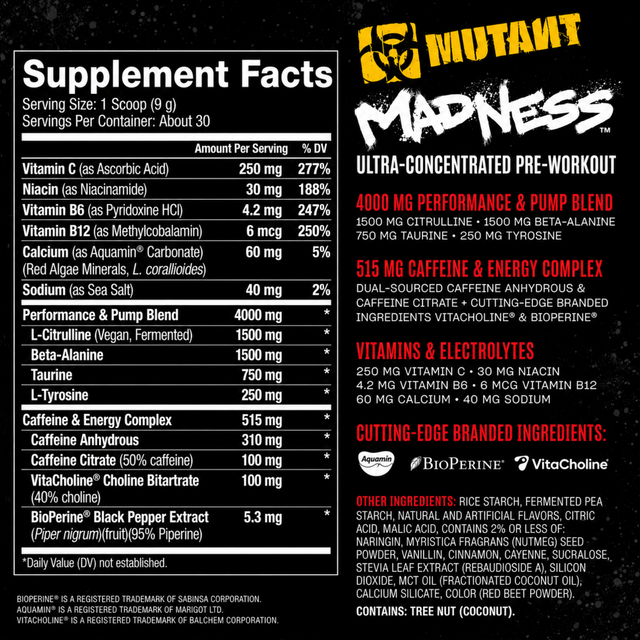 MUTANT Madness ultra-concentrated pre-workout supplement facts with 515mg caffeine