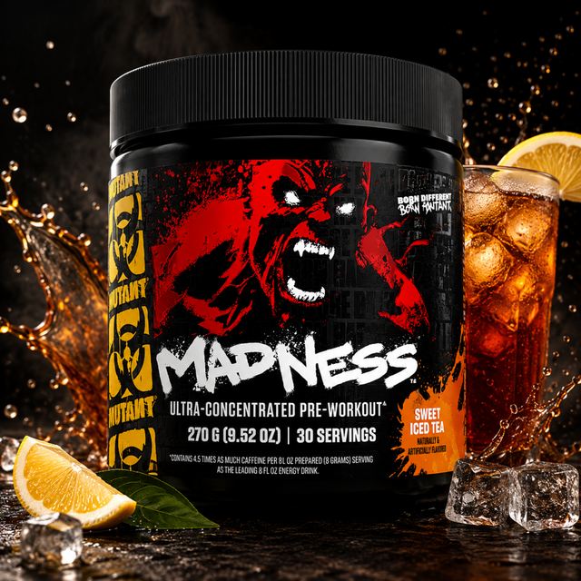 Black tub of Mutant Madness Ultra-Concentrated Pre-Workout in Sweet Iced Tea flavor, 270g