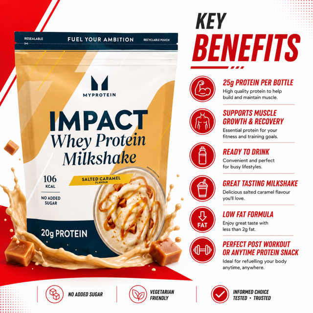 MyProtein Impact Whey Protein Milkshake in Salted Caramel flavor, featuring 20g of protein, 106 kcal, and no added sugar.