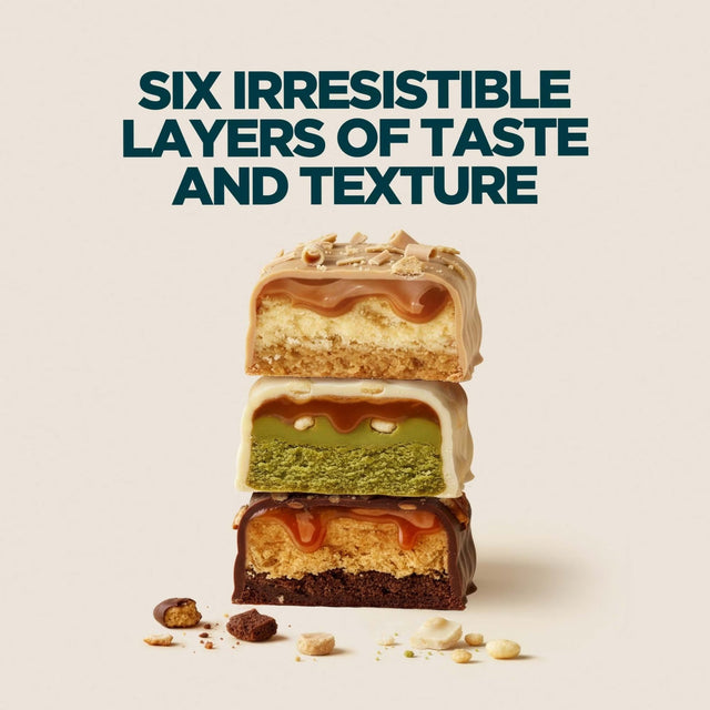 A stack of three Myprotein Layered Bars showing the six irresistible layers of protein, caramel, and crunch. Authentic protein snacks available at Gym Supplements U.S. in Bangladesh.