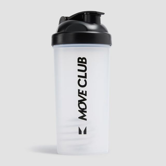 Myprotein Move Club plastic shaker bottle in clear, 600ml capacity with leak-proof lid for protein shakes.