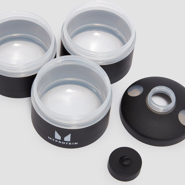 Modular 3-compartment Myprotein Power Tower storage for protein powder and snacks with airtight lids.