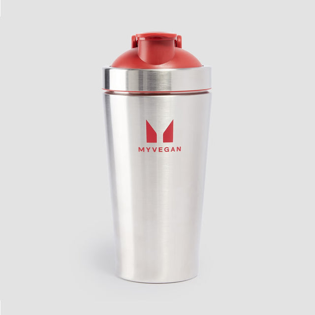 Myvegan 750ml Metal Shaker – Stainless steel protein shaker with red lid, eco-friendly and leakproof, ideal for gym and fitness use