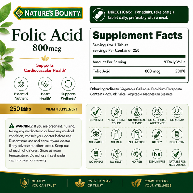 Supplement facts and ingredients for Nature's Bounty Folic Acid 800mcg showing it is non-GMO, gluten-free, and suitable for vegetarians.