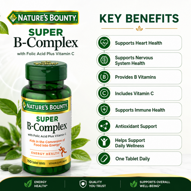 Nature's Bounty Super B-Complex 150 tablets key benefits for heart, nervous system, immune and daily wellness support