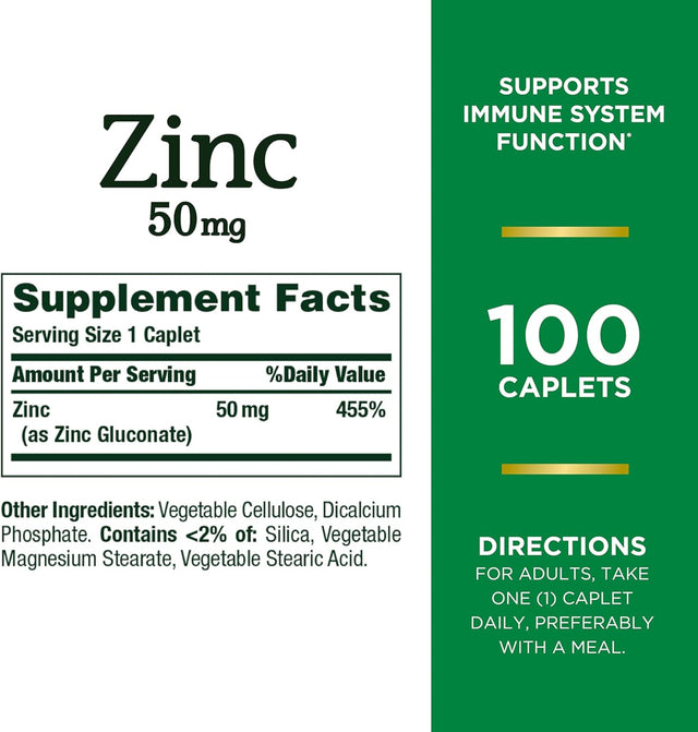 Nature's Bounty Zinc 50mg supplement facts label showing 100 caplets, immune support benefits, and directions for use