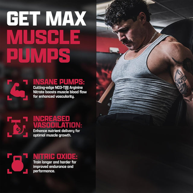 Bodybuilder training with NIOX supplement benefits listed for insane muscle pumps, increased vasodilation, and nitric oxide performance