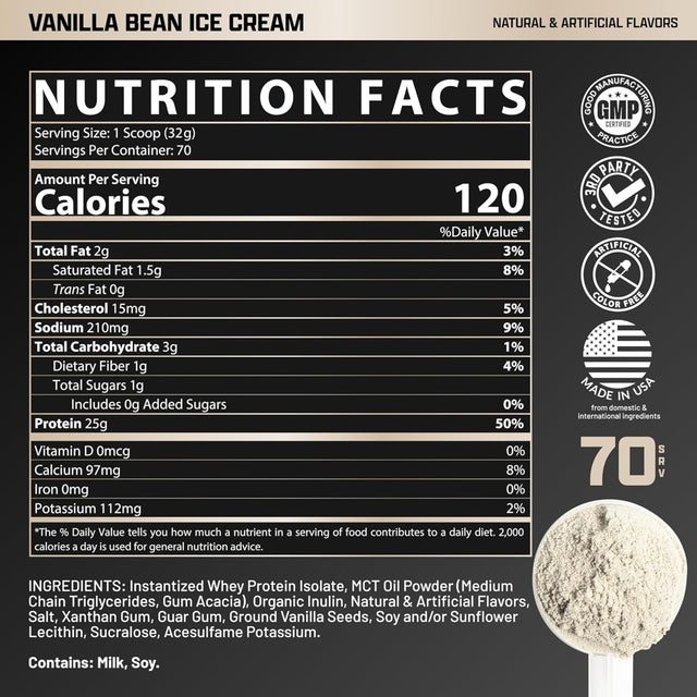 Nutrex IsoFit Protein 5lb Vanilla Bean Ice Cream Nutrition Facts showing 25g protein, 120 calories, 3g carbs, 2g fat, and 70 servings.