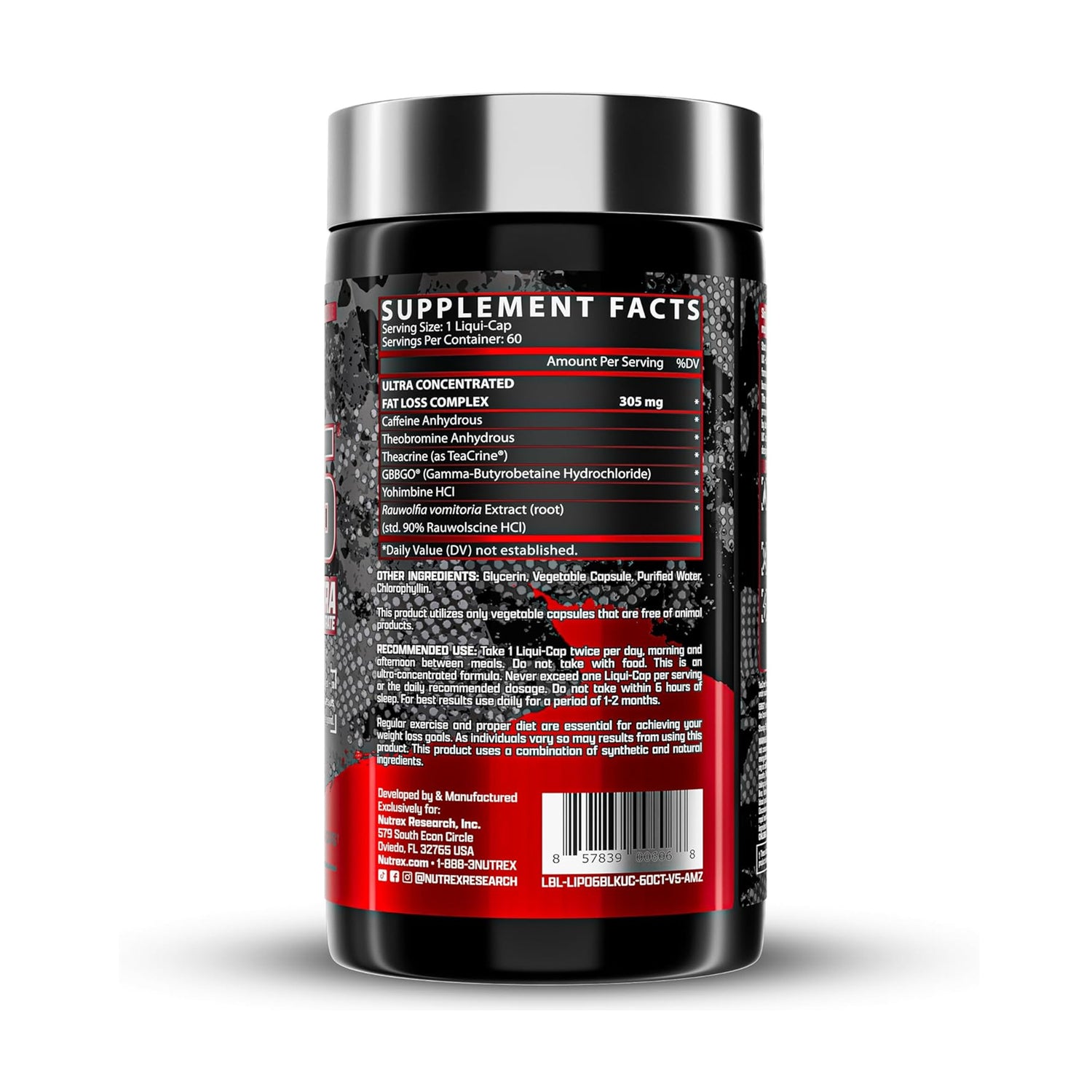 Nutrex Lipo-6 Black Ultra Concentrate supplement facts label listing Teacrine, Yohimbine HCL and Rauwolfia