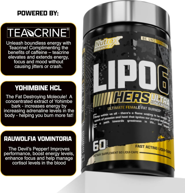 Lipo-6 Black Hers for women: Powered by TeaCrine for energy, Yohimbine for fat destroying, and Rauwolfia for focus. Buy original Nutrex in Dhaka.