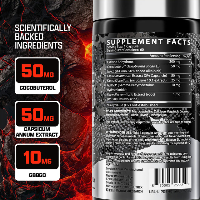 LIPO-6 HARDCORE Supplement Facts label showing key ingredients: Caffeine Anhydrous (300mg), Cocoabuterol (50mg), Capsicum Annuum Extract (50mg), and GBBGO (10mg).