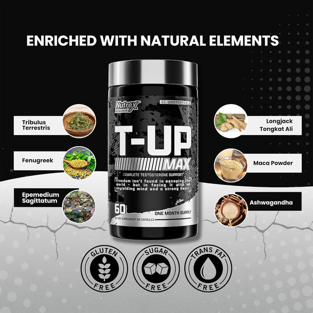 Nutrex T-UP MAX testosterone booster with natural ingredients like tribulus terrestris, fenugreek, maca, ashwagandha, tongkat ali, and epimedium. Gluten-free, sugar-free, and trans-fat-free supplement.
