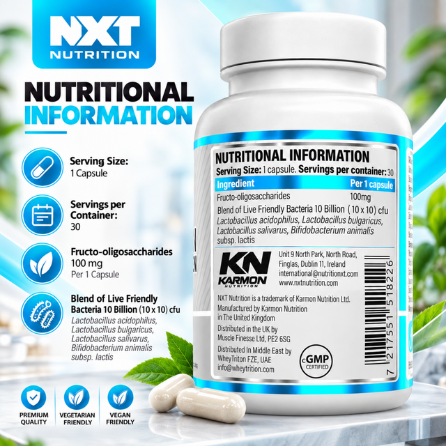 NXT Nutrition 10 Billion Live Friendly Bacteria probiotic nutritional information showing 4 probiotic strains and 100 mg FOS per capsule