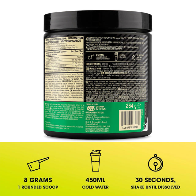 Nutrition facts for Optimum Nutrition Electrolyte Powder Lemon flavor. Shows 400mg Sodium, 300mg Potassium, and 113mg Magnesium per 8g serving. 33 servings per 264g