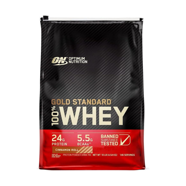 Bulk 10 lb bag of Optimum Nutrition Gold Standard 100% Whey Protein, Cinnamon Roll flavor, 146 servings, banned substance tested.