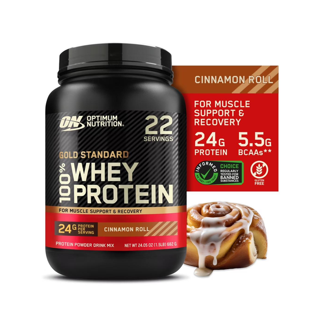 Optimum Nutrition Gold Standard 100% Whey Protein Powder, Cinnamon Roll flavor, 1.5 lb tub with 22 serving