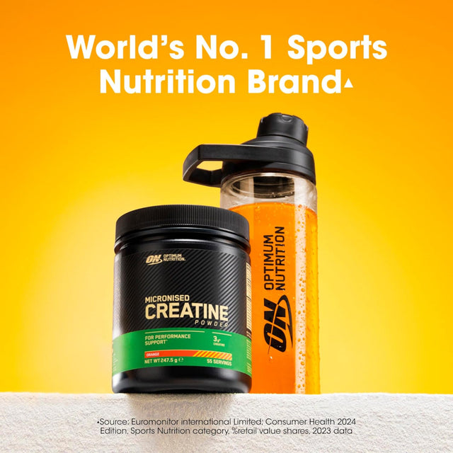 Optimum Nutrition Micronised Creatine Powder in Orange flavor, 247.5g tub providing 55 servings, shown with an ON shaker bottle. Recognized as the World's No. 1 Sports Nutrition Brand based on 2023 retail value shares.