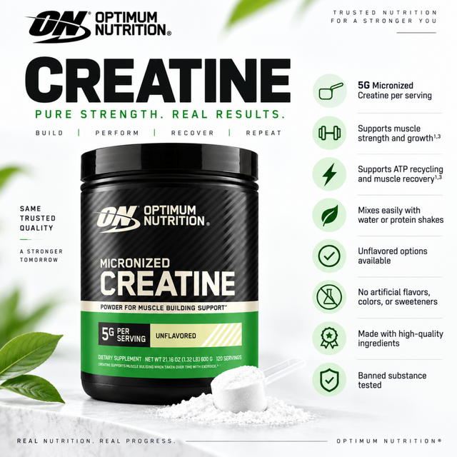 Optimum Nutrition Micronized Creatine with 5g creatine per serving for muscle strength and performance support