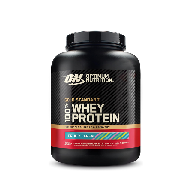 Optimum Nutrition Gold Standard 100% Whey, Fruity Cereal flavor, 5.05 lb tub, 74 servings.