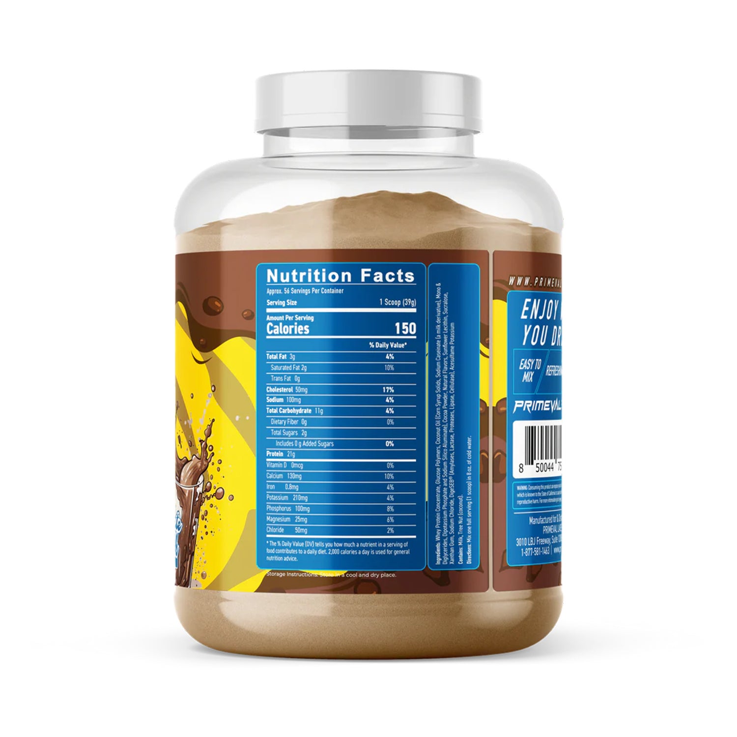 Nutrition facts of Primeval Labs Whey Protein Chocolate Milk flavor per serving – 24g protein, low fat, and essential amino acids