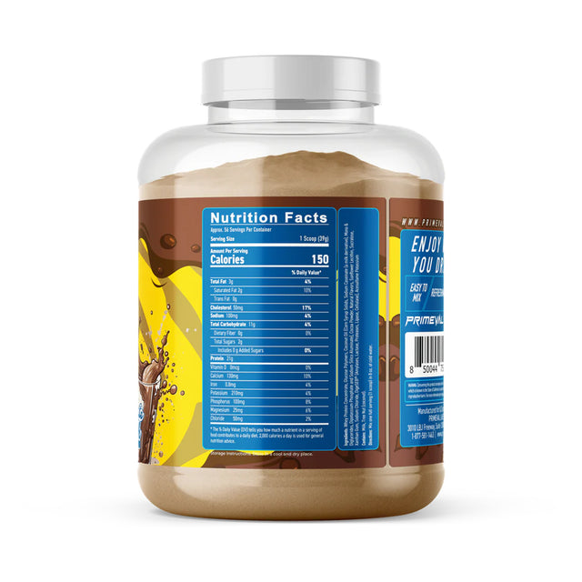 Nutrition facts of Primeval Labs Whey Protein Chocolate Milk flavor per serving – 24g protein, low fat, and essential amino acids