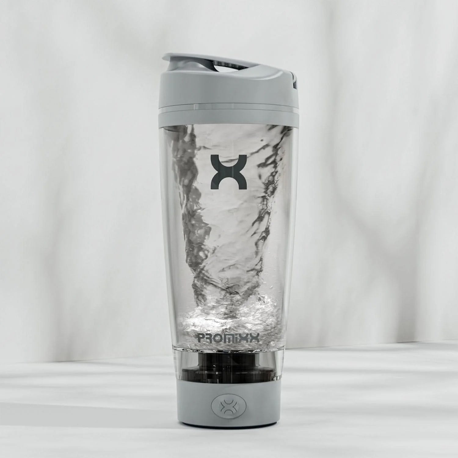 Cool Grey PROMiXX PRO electric shaker bottle with USB-C charging and vortex mixing