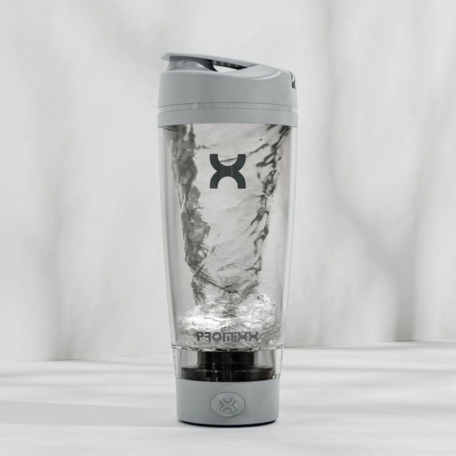 Cool Grey PROMiXX PRO electric shaker bottle with USB-C charging and vortex mixing