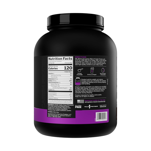 R1 Casein Protein Powder Chocolate Fudge Supplement Facts Label