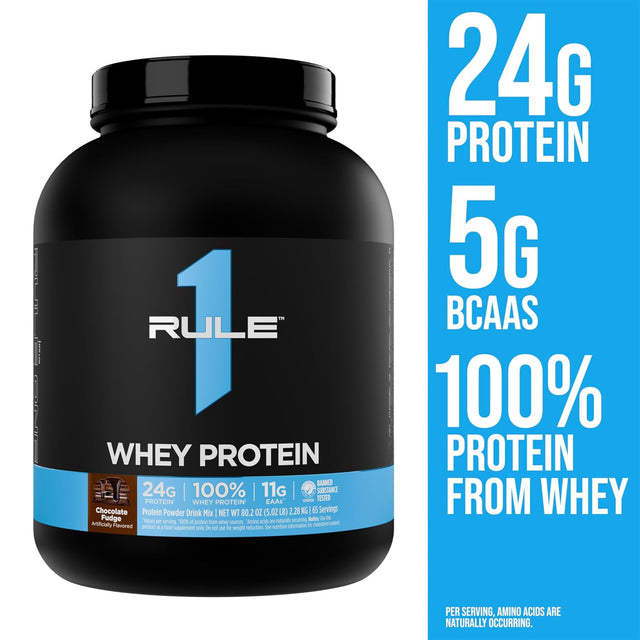 Rule 1 Whey Protein Powder (R1 Whey) Chocolate Fudge flavor, 5lb tub (65 servings) available at Gym Supplements U.S. featuring 24g protein and 5g BCAAs per serving