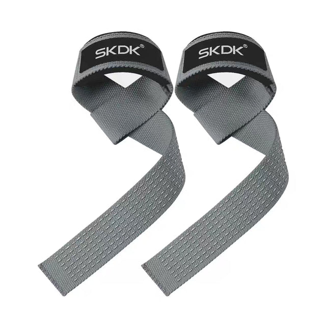 Grey SKDK lifting straps with black logo – wrist support straps for powerlifting and strength training.