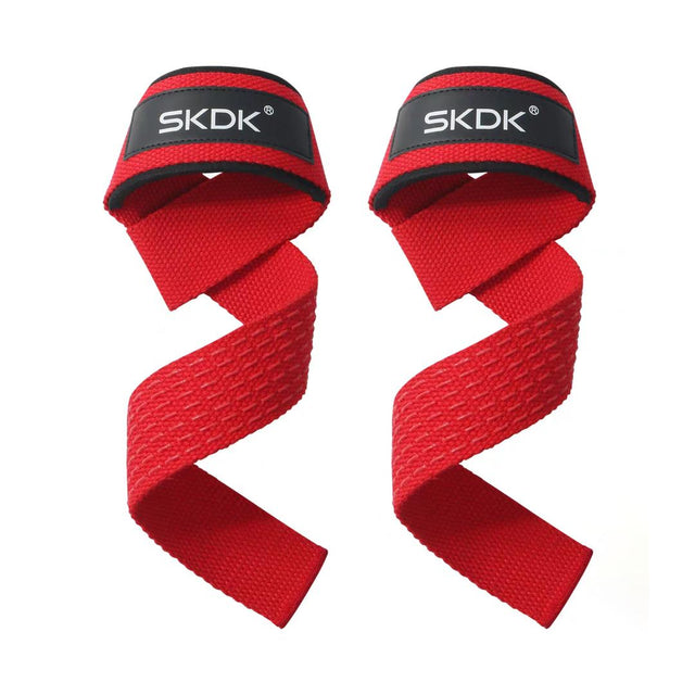 Red SKDK lifting straps for weightlifting and deadlifts – strong polyester cotton with neoprene padding