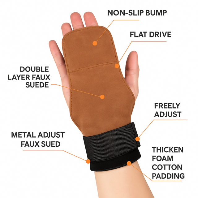 Brown suede leather weightlifting grips with black adjustable wrist straps for gym and CrossFit training