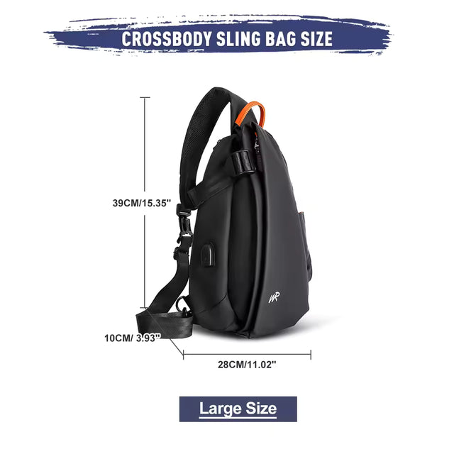 Size and dimension guide for the large tech sling bag, showing height, width, and depth measurements.