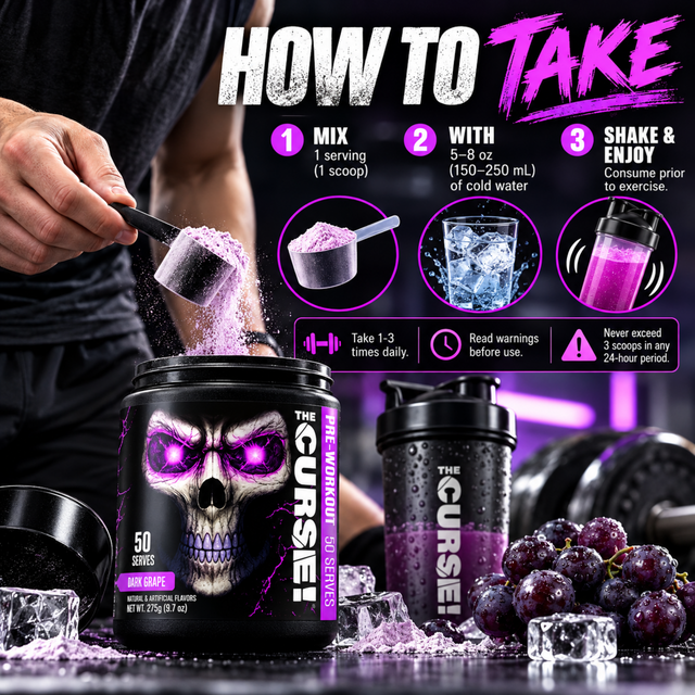 The Curse Pre-Workout Dark Grape how-to-use infographic showing mixing instructions, a shaker bottle, serving information, and product packaging.
