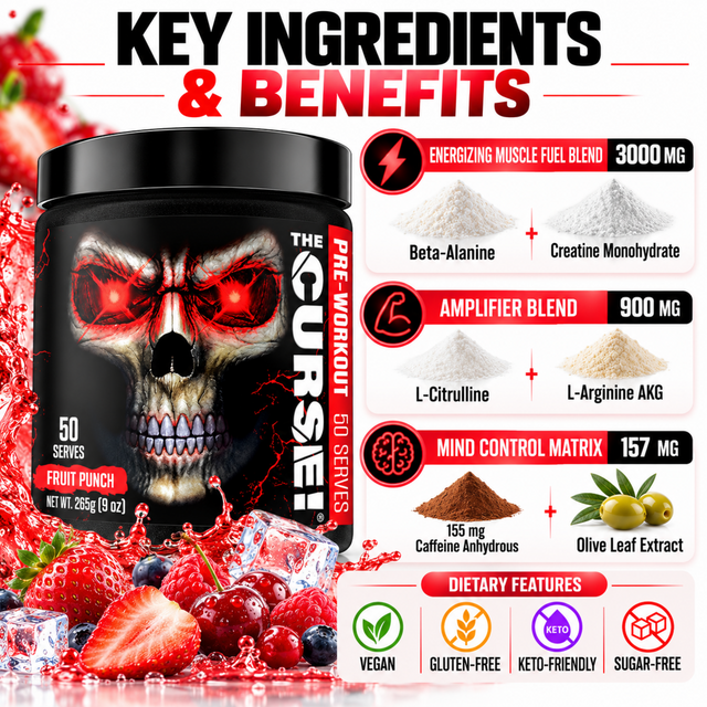 The Curse Pre-Workout Fruit Punch ingredients and benefits infographic showing the muscle fuel blend, amplifier blend, mind control matrix and dietary features.