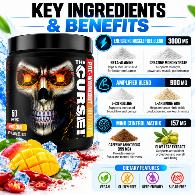 The Curse Pre-Workout Mango Chilli 260g with key ingredients, caffeine, creatine and workout benefits