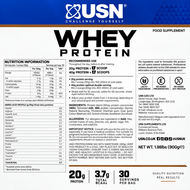 USN Whey Protein Chocolate Flavour 900g with 20g protein per serving