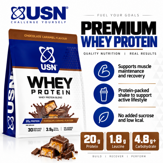 USN Whey Protein Chocolate Caramel Flavour 900g with 20g protein per serving