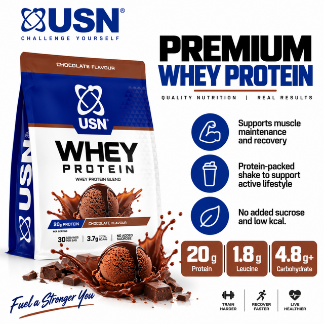 USN Whey Protein Chocolate Flavour 900g with 20g protein per serving