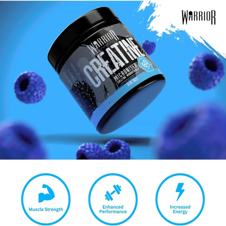 Warrior Creatine Micronised Monohydrate powder in Blue Razz flavor tub, surrounded by blue berries/raspberries. Promotes Muscle Strength, Enhanced Performance, and Increased Energy.