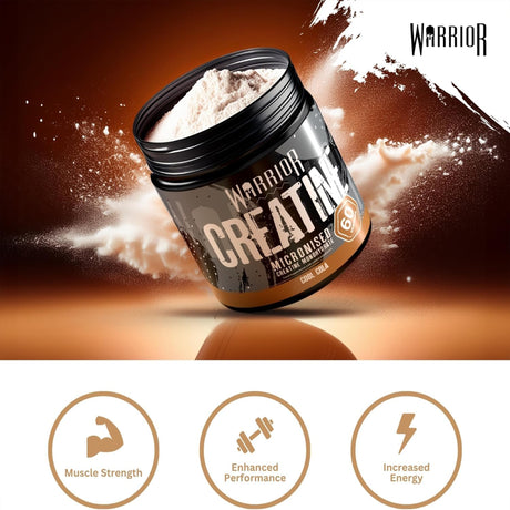 Warrior Creatine Micronised Monohydrate powder in Cool Cola flavor. Icons feature the benefits: Muscle Strength, Enhanced Performance, and Increased Energy. 60 servings.