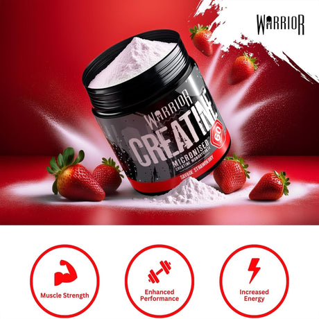 Warrior Creatine Micronised Monohydrate powder in Savage Strawberry flavor. Highlights: Muscle Strength, Enhanced Performance, Increased Energy. 60 servings.