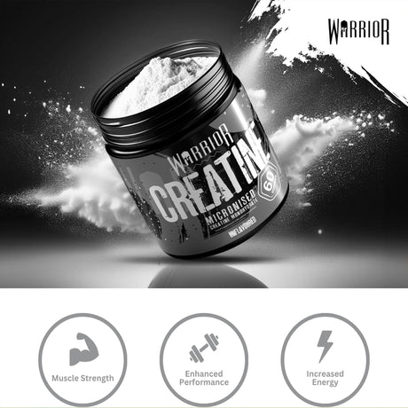 Warrior Creatine Micronised Monohydrate in an Unflavoured black tub. The image highlights the benefits: Muscle Strength, Enhanced Performance, and Increased Energy. 60 servings.