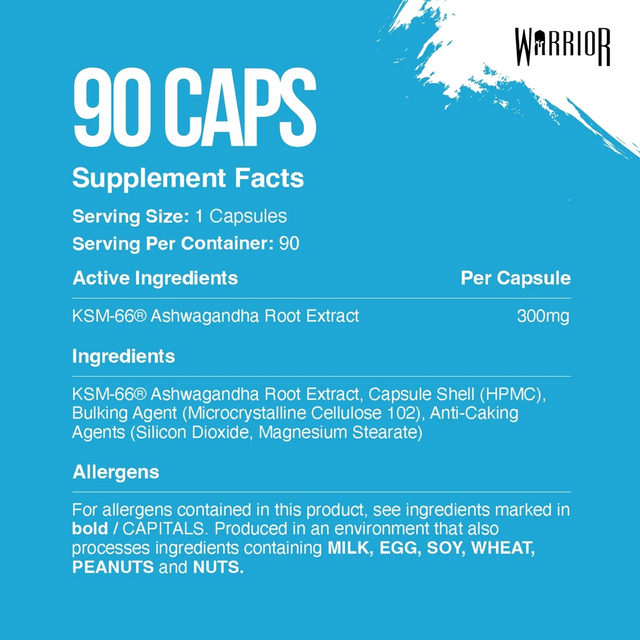 Technical supplement facts infographic for Warrior KSM-66 Ashwagandha showing 300mg of root extract per capsule and a 90-day supply.