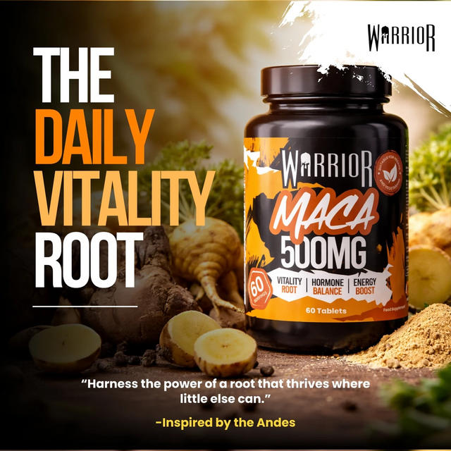 Warrior Maca 500mg supplement bottle, 60 tablets of pure Peruvian Ginseng for natural energy and vitality.